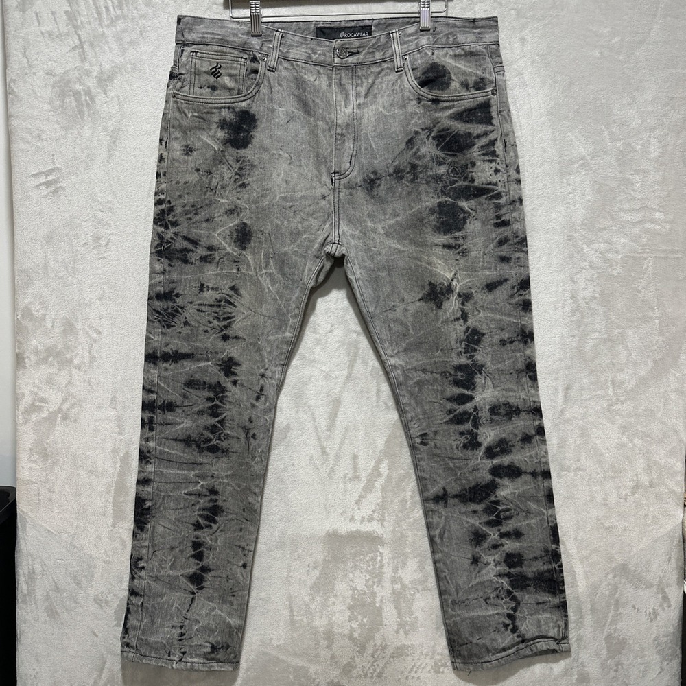 Rocawear Men's Size‎ 40X30 Gray Bleach Denim Rhinestone Pocket Jeans Streetwear